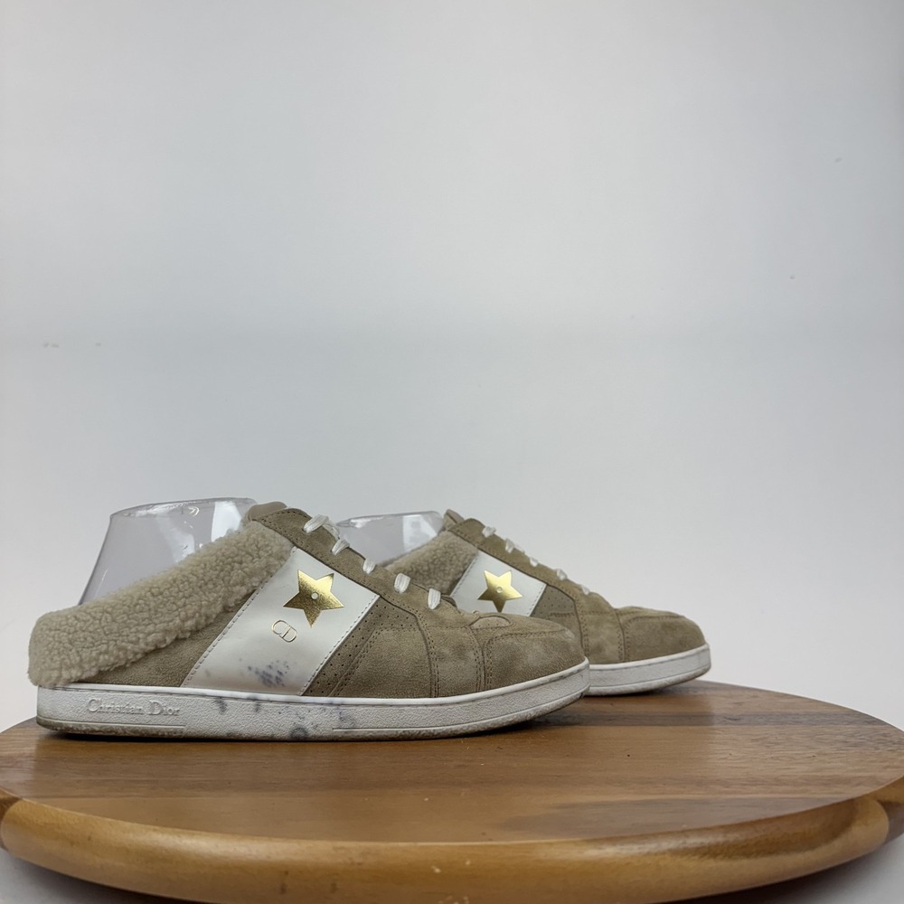 Womens Christian Dior Dior Star Beige Suede Wool Collar Sneakers Mule Size 39